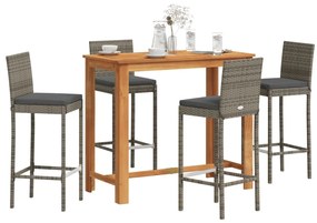 vidaXL 5 pcs conjunto de bar p/ jardim acácia maciça/vime PE cinzento