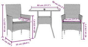 3 pcs conjunto jantar jardim c/ almofadões vime PE/acácia preto