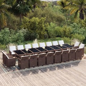 vidaXL 21 pcs conjunto jantar p/ jardim c/ almofadões vime PE castanho