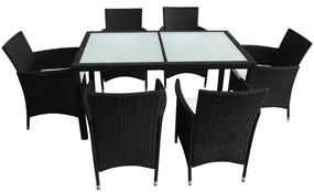 7 pcs conjunto jantar exterior com almofadões vime PE preto
