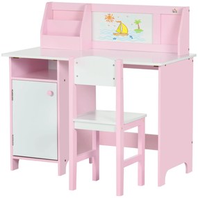 HOMCOM Conjunto de Mesa e Cadeira Infantil de Madeira com Quadro Branco Mesa de Estudo para Crianças acima de 5 Anos 90x45x85cm Rosa