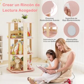 Estante giratória para crianças com 360° de rotação, 3 níveis e 12 compartimentos 48 x 48 x 95,5 cm Rosa