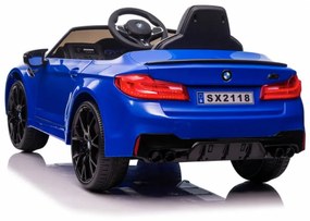 BMW M5, Carro elétrico para crianças 12 volts, módulo de música, assento de couro, pneus de borracha azul