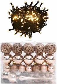 vidaXL Conj. de bolas de natal 60 pcs c/ pico e 150 LEDs rosa dourado