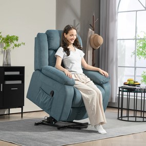 Poltrona Relax Reclinável Elétrica Elevatória com Porta USB Controlo Remoto Assento Amplo Apoio para os Pés Azul
