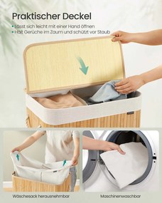 Cesto para roupa suja em bambu com 2 compartimentos 52 x 32 x 61 cm cor natural