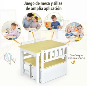 Conjunto de mesa e cadeiras para crianças 4 peças de actividades de madeira 2 em 1 com 2 cadeiras e 1 banco para brincar desenhar ler comer Natural