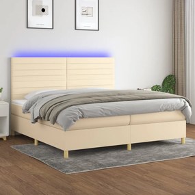 Cama box spring c/ colchão e LED 200x200 cm tecido cor creme