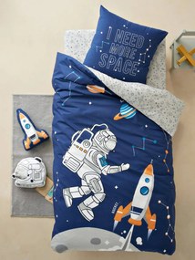 Conjunto capa de edredon + fronha de almofada para criança, tema Planetas azul escuro liso com motivo