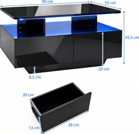 Mesa de Centro, 90 x 55 x 45,5 cm, Iluminação LED Regulável, Preto