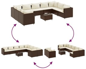 10 pcs conjunto lounge jardim c/ almofadões vime PE castanho