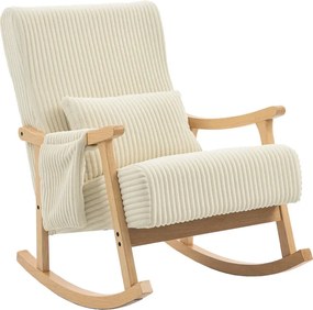 Cadeira Baloiço Moderna em Veludo Cotelê com Apoio para os Braços Almofada Lombar e Bolso Poltrona de Amamentação 65x90x98 cm Bege