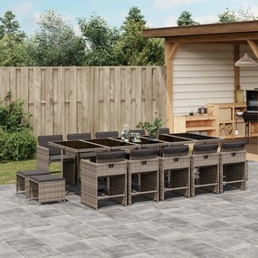 vidaXL 15 pcs conjunto jantar p/ jardim c/ almofadões vime PE cinzento