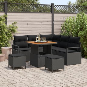 Conjunto de Sofá de Jardim com 8 Peças e Almofadas Preto Vime Plástico Acácia