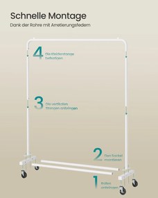 Guarda roupa cabideiro 38 x 110 x 141,5 cm com rodas para arrumação flexível, branco mate