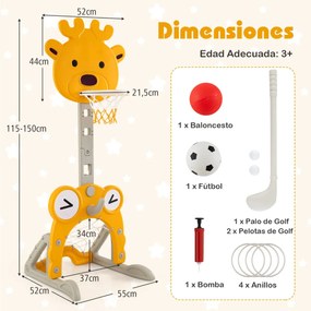 Cesto de basquetebol Veado 4 em 1 com baliza de futebol, argolas e golfe, altura ajustável, base reenchível para interior e exterior Amarelo