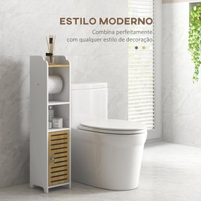 Armário Casa de Banho Moderno com Prateleiras e Suporte para Papel Higiénico 18x20x90 cm Branco e Madeira