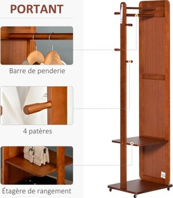 Espelho de pé com rodas 40 (L) x 44,5 (P) x 170 (A) cm com Cabide 4 ganchos e prateleira em MDF com acabamento em cor nogueira