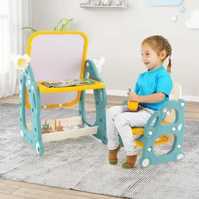 Conjunto de mesa e cadeira para crianças com quadro branco ajustável de 3 níveis Cesto de arrumação Marcadores Marcadores Anéis Borracha Azul