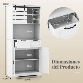 Armário de despensa de cozinha 80 x 40 x 180 cm com tomada elétrica com portas, gavetas e prateleira ajustável Suporte branco