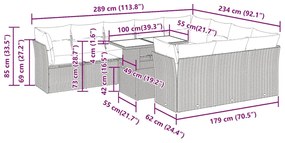 11 pcs conjunto sofás de jardim c/ almofadões vime PE/acácia