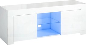 HOMCOM Móvel de TV com iluminação LED, 2 portas, prateleira de vidro, orifícios para cabos, para sala, painel de partículas, Branco | Aosom Portugal