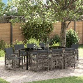 Conjunto de Jantar de Jardim vidaXL de 9 Peças com Almofadas Cinza em Rattan Poli