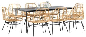 Conjunto jantar jardim 9 peças vidro vime PE castanho
