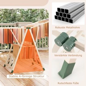 Estendal dobrável com braços ajustáveis 184 x 56 x 99–168 cm, pinças para meias e prateleira para sapatos, secador de roupa bege