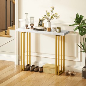 Mesa consola 100 x 30 x 78,5 cm, mesa de entrada, com tampo em imitação de mármore, estrutura em aço, branco e dourado