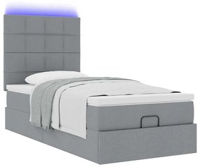 Cama Otomana com colchão &amp; LEDs 90x200 cm tecido cinzento claro