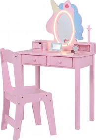 Conjunto de Toucador Infantil com Espelho de Unicórnio e Cadeira, 59 x 35 x 103 cm, Iluminação LED Ajustável, Rosa