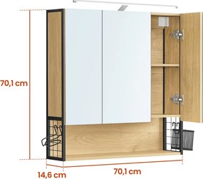Armário de parede casa de banho com iluminação LED, 14,5 x 70 x 70 cm cor de carvalho