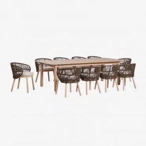 Conjunto De Mesa Retangular Extensível Duala 250-310x105 Cm E 10 Cadeiras De Jardim Em Madeira De Acácia E Corda Trançada Capri Castanho Chocolate -