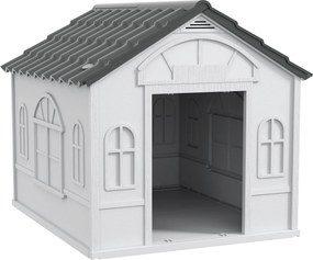 PawHut Casa para Cães 84,2x98,2x82 cm Casa para Cães com Janelas e Teto com Imitação de Telhas Casota para Cães Cinza | Aosom Portugal