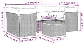 7 pcs conjunto de sofás p/ jardim c/ almofadões vime PE preto