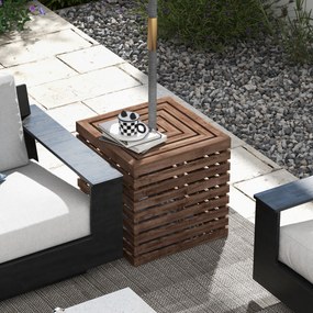 Caixa de arrumação exterior 2 em 1 para base de guarda-sol 50 x 50 x 50 cm, mesa auxiliar de terraço com orifício para guarda-sol em madeira castanho