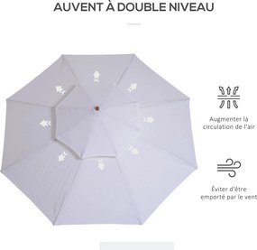Guarda-sol de jardim redondo diâmetro 2,7 m x 2,6 m em madeira com 2 telas de poliéster de 180 g/m², de altura, branco
