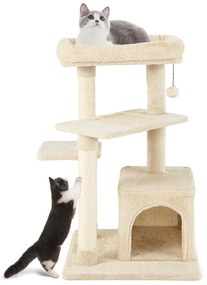 Arranhador para gatos de 4 níveis com postes para arranhar Plataforma superior em felpa 63 x 56,5 x 85 cm Bege