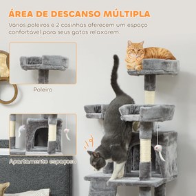 Arranhador para Gatos Arranhador de Gatos 153 cm com 2 Cavernas 3 Camas 2 Rampas Postes de Sisal e 2 Ratos Pendentes Cinzento