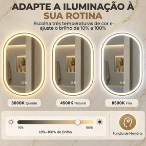Espelho de Casa de Banho com LED Altifalante Bluetooth e Antiembaciamento 100x70 cm 3 Tons de Luz Brilho Regulável