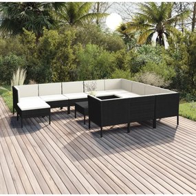 vidaXL 12 pcs conjunto lounge de jardim c/ almofadões vime PE preto