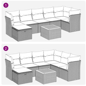 8 pcs conjunto de sofás p/ jardim com almofadões vime PE bege