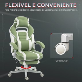 Cadeira Gamer Reclinável com Altura Ajustável Apoio para os Pés Retrátil Suporte Lombar e Almofada de Cabeça Amovível Verde
