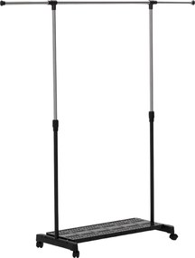 HOMCOM Charriot com Rodas com Barra de Aço Inoxidável e Prateleira para Sapatos Altura Ajustável 94-159x42x93-168 cm Preto | Aosom Portugal