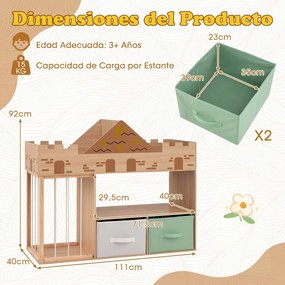 Estante Infantil em Forma de Castelo, 111 x 40 x 92 cm, Arrumação para Livros e Brinquedos, Natural