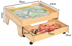 Conjunto de Mesa de Pista de Madeira para Crianças 100 Peças Mesa de Actividades e Gaveta com Rodas com Fecho Fácil de Montar Multicolorida