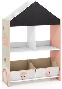 Estante em forma de casa para crianças Organizador de brinquedos em madeira com quadro branco 4 compartimentos 2 gavetas Rosa