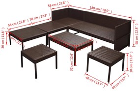 6 pcs conjunto lounge jardim c/ almofadões vime PE castanho