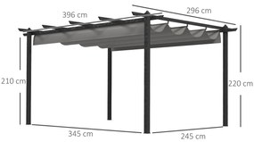 Pérgola de Jardim 3,96x2,96x2,2 m com Teto Retrátil Tecido de Poliéster e 8 Orifícios de Drenagem Cinza